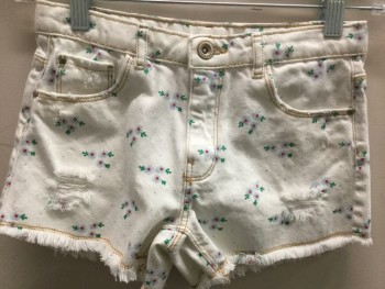 ZARA, White, Powder Blue, Green, Red, Cotton, Floral, Girls Size, Denim Shorts, White with Novelty Floral Pattern, Cut Off Hems, Zip Fly, Distressed Detail/Holes