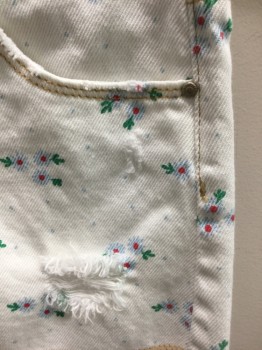 ZARA, White, Powder Blue, Green, Red, Cotton, Floral, Girls Size, Denim Shorts, White with Novelty Floral Pattern, Cut Off Hems, Zip Fly, Distressed Detail/Holes