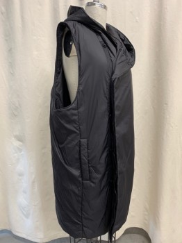 ASOS, Black, Nylon, Polyester, Solid, Down/Puffer, Sleeveless, Asymmetric Button Front, 2 Side Welt Pockets, Attached Hood, Above the Knee Length