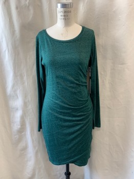 Womens, Dress, Long & 3/4 Sleeve, LEITH, Green, Poly/Cotton, Heathered, Pullover, Scoop Neck, Side Ruching, Long Sleeves, Cross Over Hem