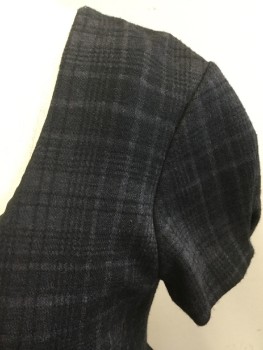 L'AGENCE, Charcoal Gray, Gray, Black, Wool, Cotton, Plaid, Deep/wide V-neck, Cap Sleeves, Fitted, Zip Back , 1 Hook & Eye