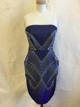 Womens, Cocktail Dress, CAMEO, Black, Royal Blue, Off White, Polyester, Diamonds, Abstract , XS, Strapless, Solid Black Lining, Fitted It,  Exposed Zip Back,