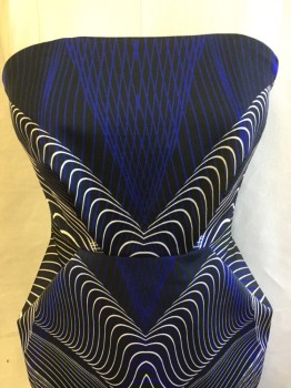 Womens, Cocktail Dress, CAMEO, Black, Royal Blue, Off White, Polyester, Diamonds, Abstract , XS, Strapless, Solid Black Lining, Fitted It,  Exposed Zip Back,