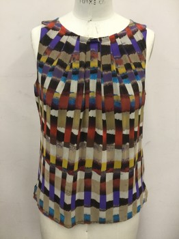 CHAUS, Tan Brown, Purple, Orange, Blue, Rust Orange, Polyester, Stripes, Abstract , Sleeveless, Pleated From Neck, Scoop Neck, Keyhole Back with Button/Loop