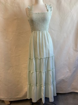 LUCY PARIS, White, Sage Green, Polyester, Gingham, Smocked Bust, Ruffle Straps, Tiered Ruffle Skirt