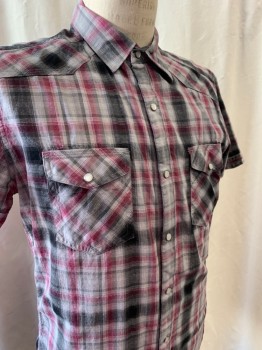 Mens, Casual Shirt, J. FERRAR, Dk Gray, Gray, Raspberry Pink, Cotton, Plaid, 15.5, 15-, Collar Attached, Snap Front, Short Sleeves, 2 Flap Pockets with Snap Button