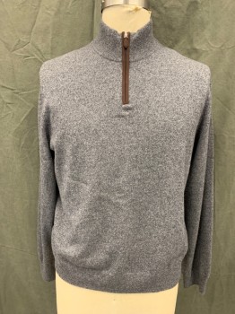 BLOOMINGDALE'S, Heather Gray, Cashmere, 1/4 Zip Front with Brown Suede Trim, Ribbed Knit High Collar, Ribbed Knit Cuff/Waistband