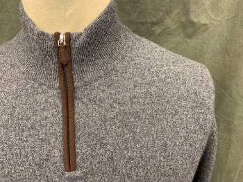 Mens, Pullover Sweater, BLOOMINGDALE'S, Heather Gray, Cashmere, XL, 1/4 Zip Front with Brown Suede Trim, Ribbed Knit High Collar, Ribbed Knit Cuff/Waistband
