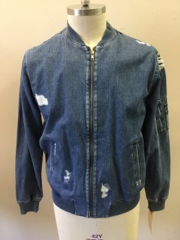 Mens, Jean Jacket, TOPMAN, Blue, Cotton, Faded, L, Aged/Distressed,  Zip Front, 2 Pockets, 2 Small Pockets on the Sleeve