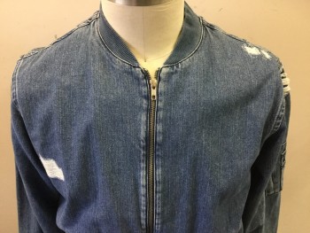Mens, Jean Jacket, TOPMAN, Blue, Cotton, Faded, L, Aged/Distressed,  Zip Front, 2 Pockets, 2 Small Pockets on the Sleeve