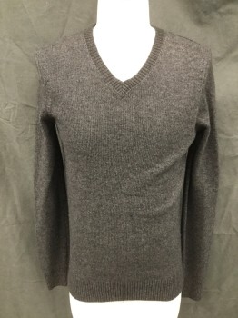 Mens, Pullover Sweater, VINCE, Charcoal Gray, Wool, Cashmere, Heathered, S, Ribbed Knit V-neck, Long Sleeves, Ribbed Knit Cuff/Waistband