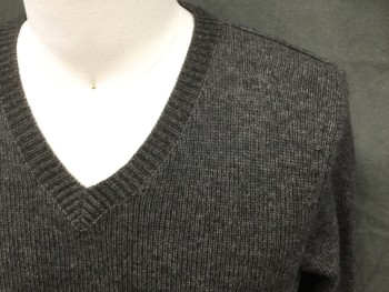 Mens, Pullover Sweater, VINCE, Charcoal Gray, Wool, Cashmere, Heathered, S, Ribbed Knit V-neck, Long Sleeves, Ribbed Knit Cuff/Waistband