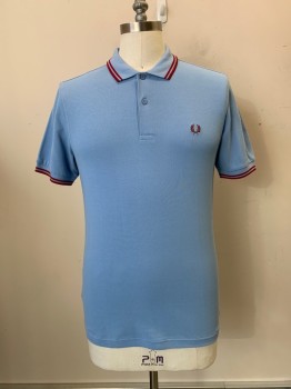 FRED PERRY, Baby Blue, Red, Cotton, Solid, Stripes, C.A., 2 Buttons Half Placket, S/S, Laurel Wreath