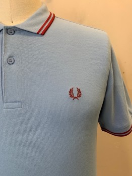 FRED PERRY, Baby Blue, Red, Cotton, Solid, Stripes, C.A., 2 Buttons Half Placket, S/S, Laurel Wreath