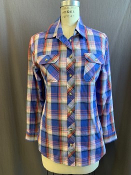 Womens, Blouse, BDG, Blue, Red, White, Brown, Black, Cotton, Plaid, M, Button Front, Collar Attached, 2 Flap Pockets, Long Sleeves, Button Cuff