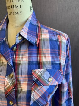 BDG, Blue, Red, White, Brown, Black, Cotton, Plaid, Button Front, Collar Attached, 2 Flap Pockets, Long Sleeves, Button Cuff