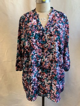 Womens, Top, BOUTIQUE, Teal Green, White, Black, Red, Peach Orange, Polyester, Abstract , 2X, 1/2 Button Placket Front, Band Collar, 3/4 Sleeve with Elastic Cuff, High-Low Hem, Gathered at Back Yoke