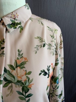 Womens, Blouse, H&M, Beige, Peach Orange, Magenta Pink, Yellow, Green, Polyester, Floral, 12, Collar Attached, Button Front, Long Sleeves, 2 Button Cuffs