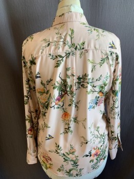 Womens, Blouse, H&M, Beige, Peach Orange, Magenta Pink, Yellow, Green, Polyester, Floral, 12, Collar Attached, Button Front, Long Sleeves, 2 Button Cuffs