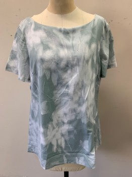 Womens, Top, BANANA REPUBLIC, Blue-Gray, White, Polyester, Abstract , Floral, M, Short Sleeves, Bateau/Boat Neck, 3 Pleats at Left Hip, Speck of Blood Left Bust See Detail Photo,