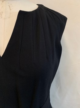 Womens, Dress, Sleeveless, CALVIN KLEIN, Black, Gold, Polyester, Rayon, Solid, 6, V-neck, Darts on Bust and Shoulders, Zip Back, Gold Hardware at Waist