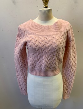 Womens, Pullover, & OTHER STORIES, Lt Pink, Wool, Polyamide, Solid, Cable Knit, XS, Long Sleeves, Cropped Length, Wide Ribbed Round Neck and Ribbed Cuffs