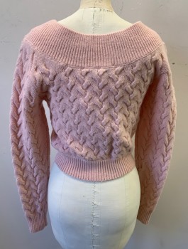 Womens, Pullover, & OTHER STORIES, Lt Pink, Wool, Polyamide, Solid, Cable Knit, XS, Long Sleeves, Cropped Length, Wide Ribbed Round Neck and Ribbed Cuffs