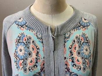 Womens, Cardigan Sweater, NANETTE LEPORE, Lt Gray, Aqua Blue, Baby Pink, Blue, Black, Cotton, Silk, Floral, Color Blocking, S, Zip Front, Raglan Sleeves, Body Silk with Floral Print, Rib Knit Waist Band and Cuffs