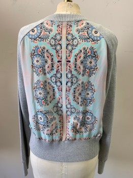 Womens, Sweater, NANETTE LEPORE, Lt Gray, Aqua Blue, Baby Pink, Blue, Black, Cotton, Silk, Floral, Color Blocking, S, Zip Front, Raglan Sleeves, Body Silk with Floral Print, Rib Knit Waist Band and Cuffs
