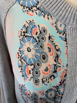 Womens, Cardigan Sweater, NANETTE LEPORE, Lt Gray, Aqua Blue, Baby Pink, Blue, Black, Cotton, Silk, Floral, Color Blocking, S, Zip Front, Raglan Sleeves, Body Silk with Floral Print, Rib Knit Waist Band and Cuffs