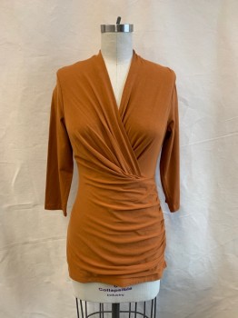 Womens, Top, PERUVIAN CONNECTION, Rust Orange, Cotton, Spandex, Solid, S, V-N, L/S, Gathered Left Waist