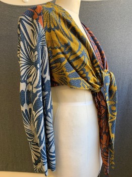 Womens, Top, BCBG, Navy Blue, Gray, Rust Orange, Mushroom-Gray, Cotton, Silk, Floral, M, Cropped Wrap-top, Flared Long Sleeves, V Neck With Front Tie, Open V Cut Back,