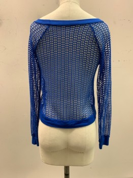 Womens, Top, N/L, Blue, Cotton, Synthetic, Solid, B32, Boat Neck, L/S, Mesh