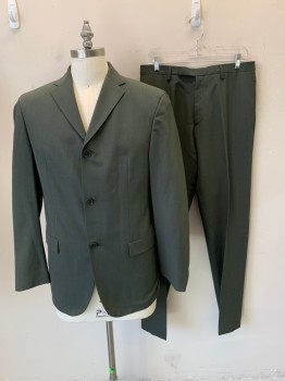 HUGO BOSS, Dk Olive Grn, Wool, Nylon, Stripes, Single Breasted, 3 Buttons, Notched Lapel, 2 Pockets