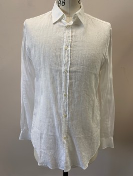 Mens, Casual Shirt, JOHN VARVATOS, White, Linen, Solid, S, Button Front, L/S, C.A., Real Pearl Buttons