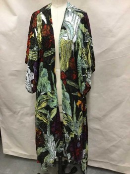TYSA, Black, Green, Red, Off White, Yellow, Rayon, Floral, Abstract , Black, Green, Red, Off White Yellow Large Abstract Floral Print, Open Front, Side Split, Uneven Hem, Short Sleeves, NO BELT