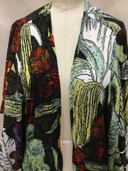 Womens, SPA Robe, TYSA, Black, Green, Red, Off White, Yellow, Rayon, Floral, Abstract , S, Black, Green, Red, Off White Yellow Large Abstract Floral Print, Open Front, Side Split, Uneven Hem, Short Sleeves, NO BELT