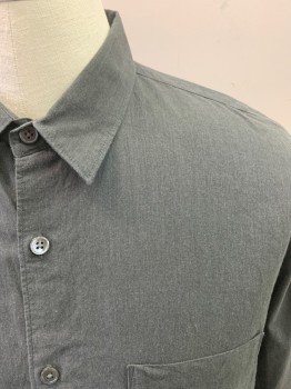 Mens, Casual Shirt, THEORY, Slate Gray, Cotton, Solid, Herringbone, L, Long Sleeves, Button Front, 7 Buttons Front, Chest Pocket, 1 Button Cuffs, Back Darts, Soft Herringbone Pattern