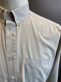 Mens, Casual Shirt, OAK TREE, Cream, Cotton, Solid, L, Long Sleeves, Button Front, 7 Buttons,  Button Down Collar with Top Stitching, Chest Pocket, Button Cuffs