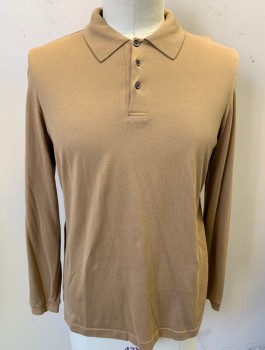 ROBERT BARAKETT, Beige, Cotton, Solid, Jersey, Long Sleeves, Rib Knit Collar Attached, 3 Buttons at Neck