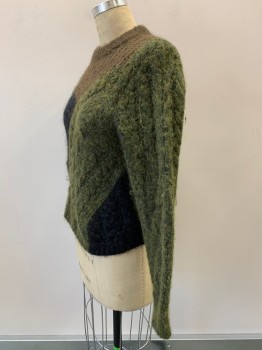 Womens, Pullover, ETOILE, Brown, Moss Green, Faded Black, Wool, Viscose, Color Blocking, Cable Knit, B36, L/S, Crew Neck, Textured Fabric