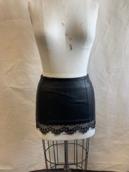 Womens, Skirt, Mini, TWELVE BY TWELVE, Black, Polyurethane, Viscose, Solid, Floral, S, CLUB, Zip Back, Lace Trim Hem, Faux Leather