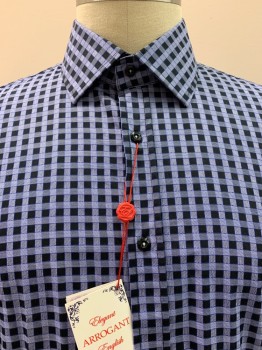 Mens, Casual Shirt, ENGLISH LAUNDRY, Black, Navy Blue, White, Cotton, Check , 34.5, 17.5, L/S, Button Front, Collar Attached