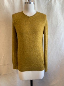 Mens, Pullover Sweater, TED BAKER, Mustard Yellow, Dk Khaki Brn, Polyester, Wool, Heathered, S, V-neck, Pullover, Long Sleeves, Rib Knit Neck, Cuffs, & Waist