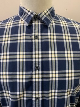 BANANA REPUBLIC, Navy Blue, White, Yellow, Cotton, Plaid, L/S, Button Front, Collar Attached,