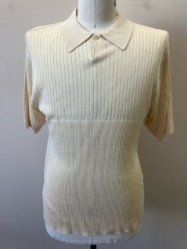 ANDREW FEZZA, Cream, Silk, Solid, Polo, 1 Btn, C.A., S/S, Wide Rib Knit  Top Half, Narrow Rib Knit  Bottom