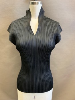 Womens, Top, NL, Black, Polyester, S, High Queen Anne Neckline, Cap Sleeve, All Over Accordion Pleat