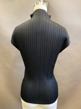 Womens, Top, NL, Black, Polyester, S, High Queen Anne Neckline, Cap Sleeve, All Over Accordion Pleat