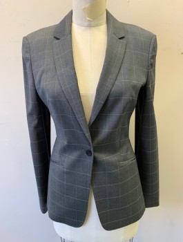 Womens, Suit, Jacket, HUGO BOSS, Gray, White, Wool, Polyamide, Grid , Sz.4, Single Breasted, Notched Lapel, 1 Button, 2 Welt Pockets, Lightly Padded Shoulders, Gray Lining, Fitted
