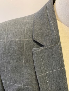 HUGO BOSS, Gray, White, Wool, Polyamide, Grid , Single Breasted, Notched Lapel, 1 Button, 2 Welt Pockets, Lightly Padded Shoulders, Gray Lining, Fitted